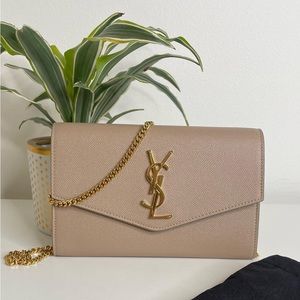 Saint Laurent Uptown Grained Beige Leather Chain Wallet Bag